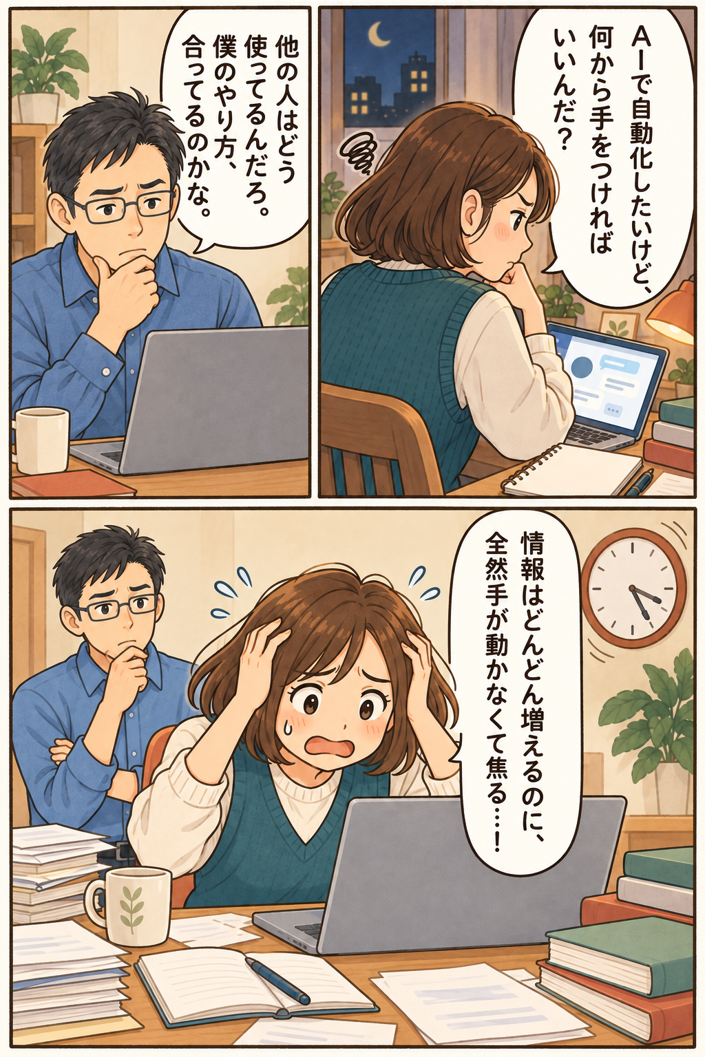 AIで自動化したいけど、何から手をつければいいんだ? / 他の人はどう使ってるんだろ。僕のやり方、合ってるのかな。 / 情報はどんどん増えるのに、全然手が動かなくて焦る…!