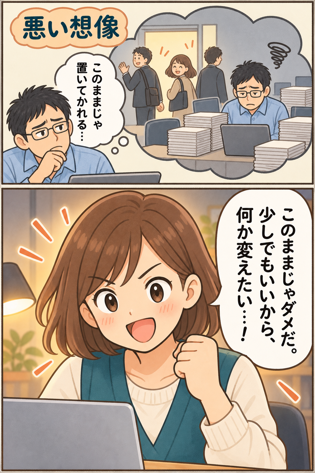 このままじゃ置いてかれる… / このままじゃダメだ。少しでもいいから、何か変えたい…!