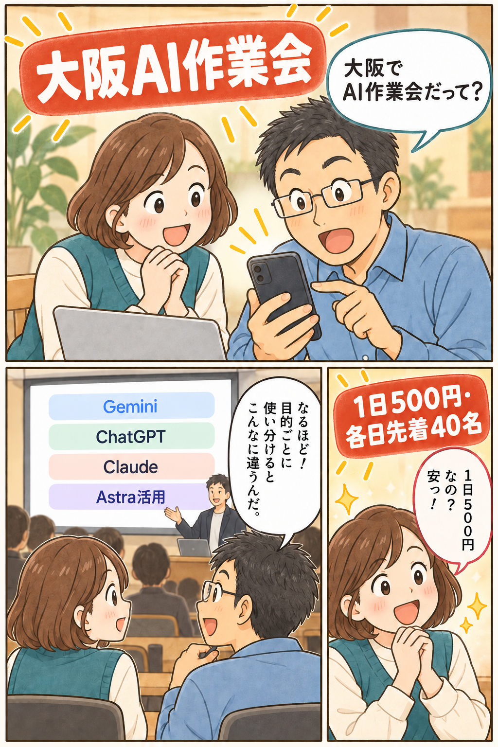 大阪でAI作業会だって? / 1日500円なの?安っ! / なるほど!目的ごとに使い分けるとこんなに違うんだ。
