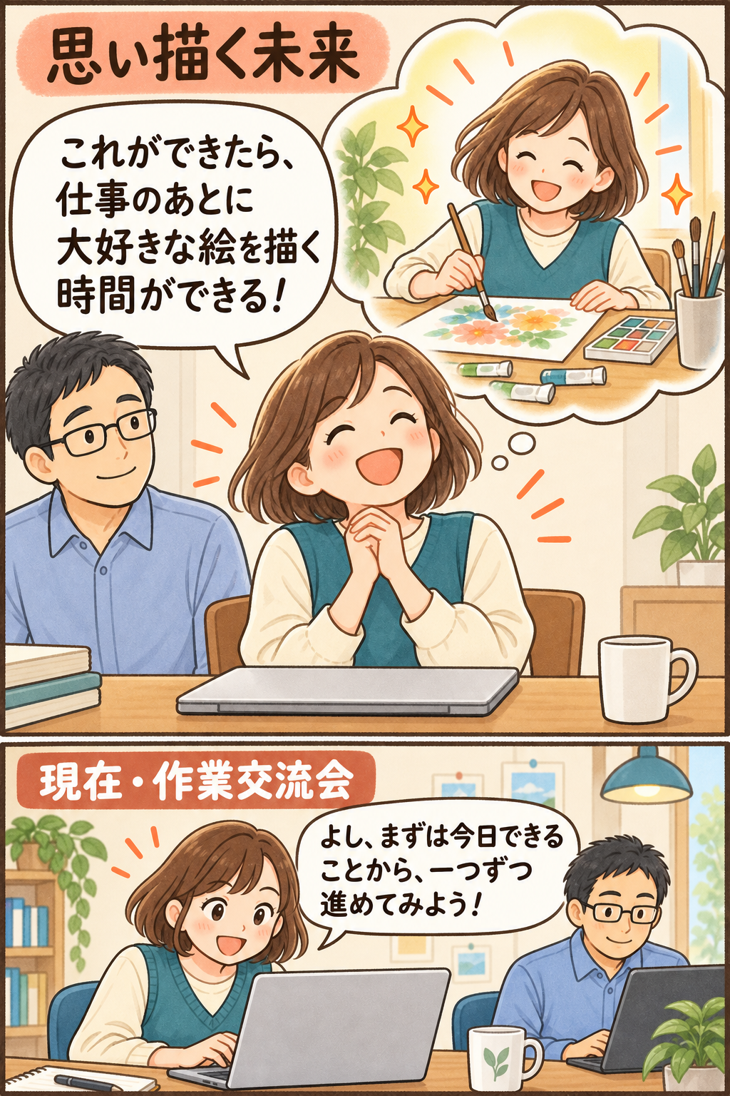 これができたら、仕事のあとに大好きな絵を描く時間ができる! / よし、まずは今日できることから、一つずつ進めてみよう!