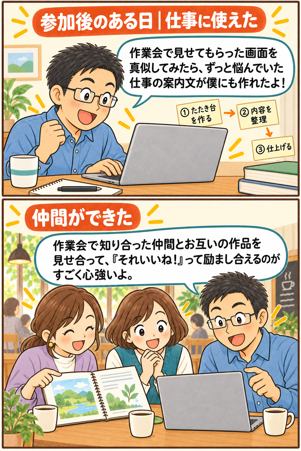 作業会で見せてもらった画面を真似してみたら、ずっと悩んでいた仕事の案内文が僕にも作れたよ! / 作業会で知り合った仲間とお互いの作品を見せ合って、『それいいね!』って励まし合えるのがすごく心強いよ。