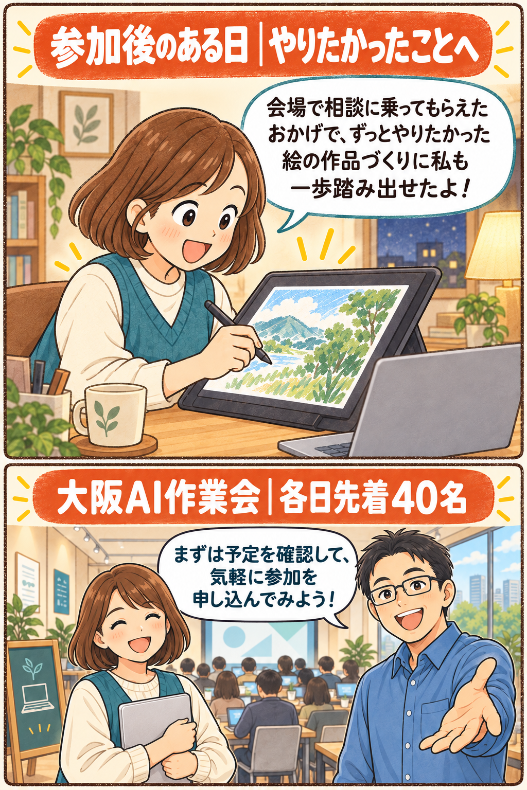 会場で相談に乗ってもらえたおかげで、ずっとやりたかった絵の作品づくりに私も一歩踏み出せたよ! / まずは予定を確認して、気軽に参加を申し込んでみよう!
